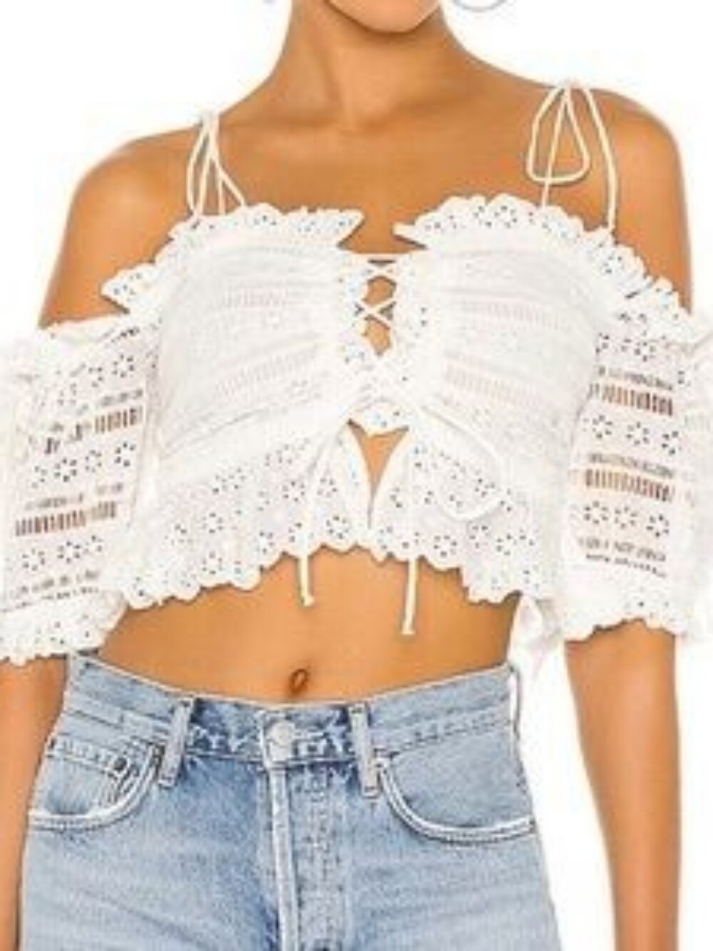 Pilyq Eyelet Off Shoulder Crop Top Tie Front Tie Straps Lace White XS/S